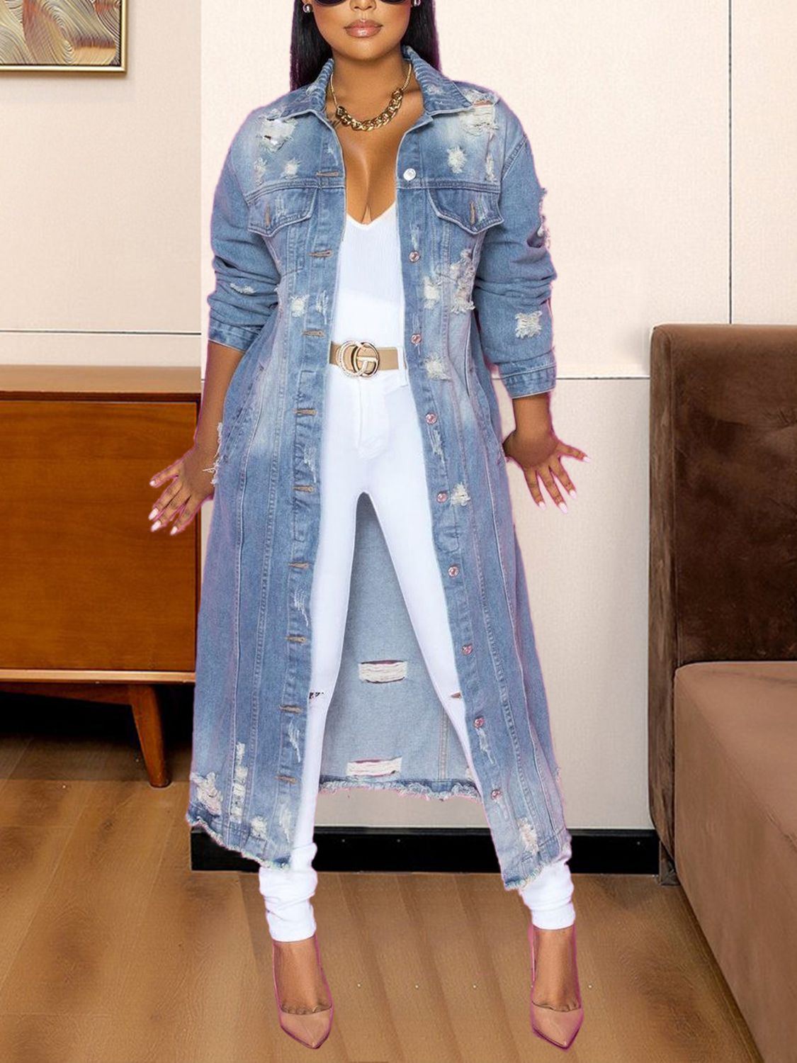 Long Sleeve Raw Hem Denim Jacket - Treasured Gift's & More