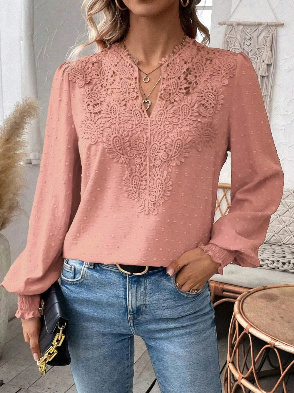 Swiss Dot Lace Detail Notched Long Sleeve Blouse - Treasured Gift's & More