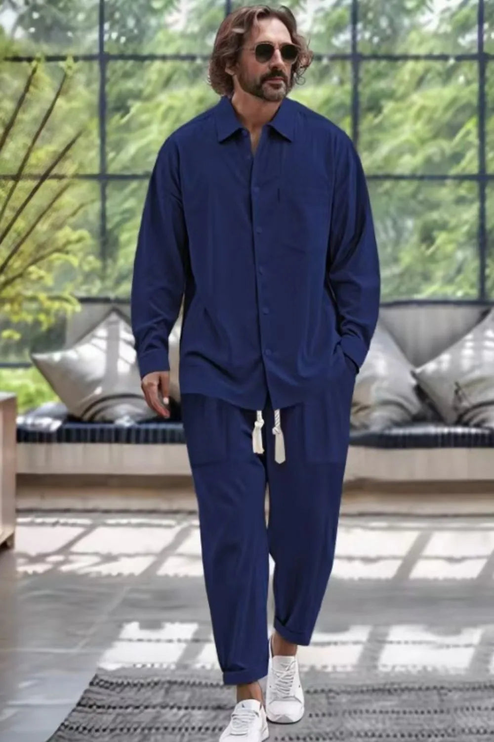 Men's Collared Neck Long Sleeve Top and Pants Set Plus Size - Treasured Gift's & More