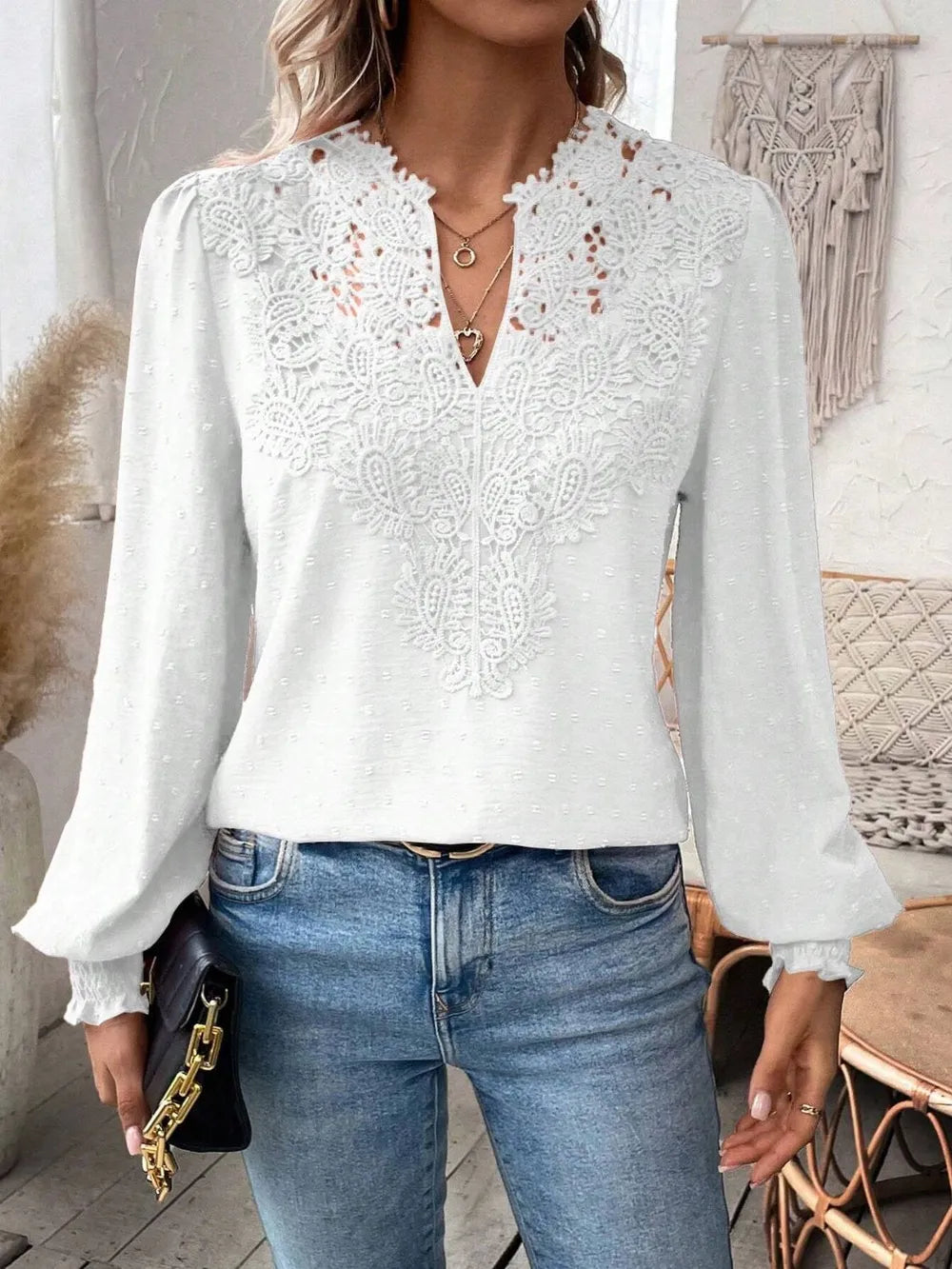 Swiss Dot Lace Detail Notched Long Sleeve Blouse - Treasured Gift's & More