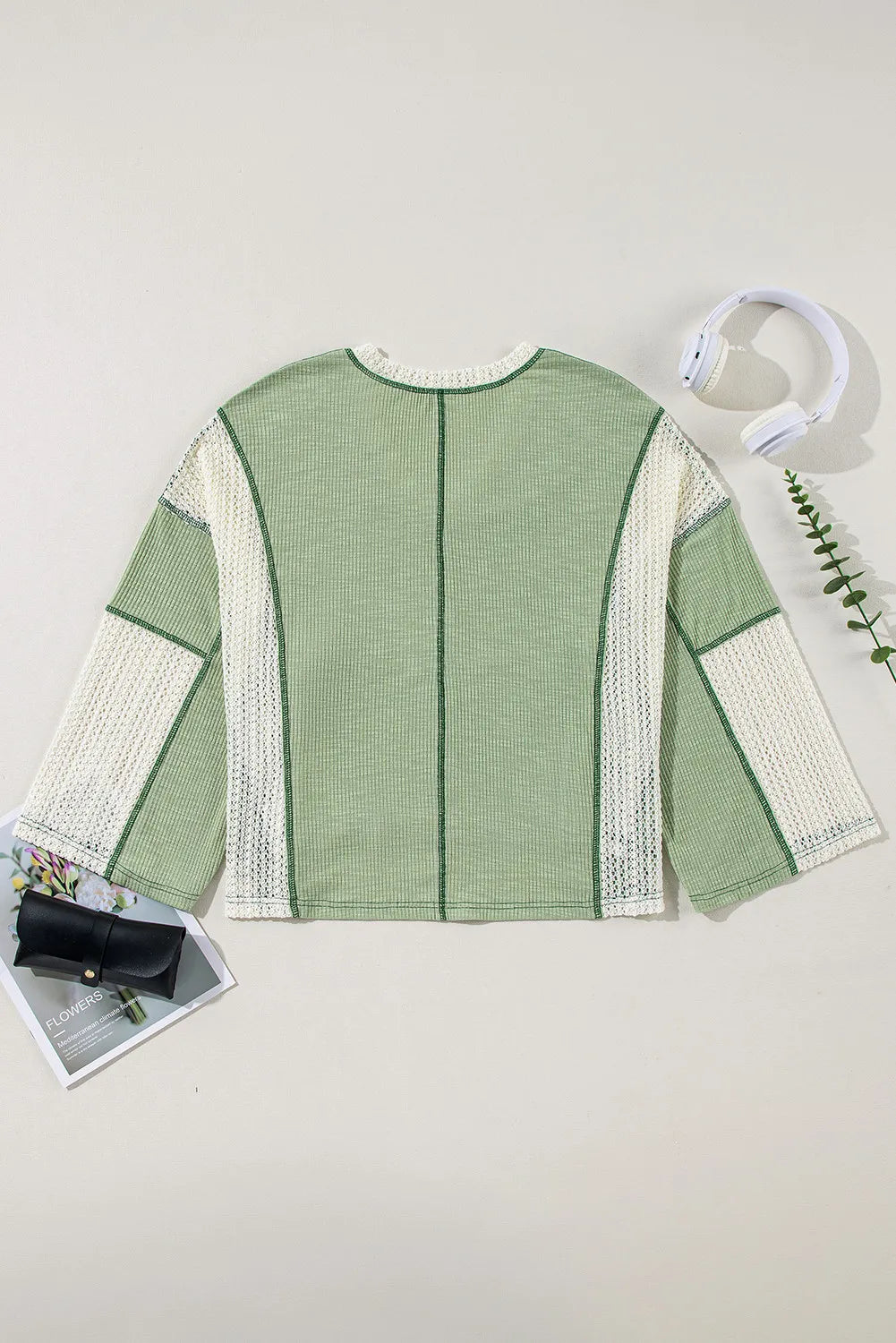 Lace Detail Contrast V-Neck Long Sleeve Blouse - Treasured Gift's & More